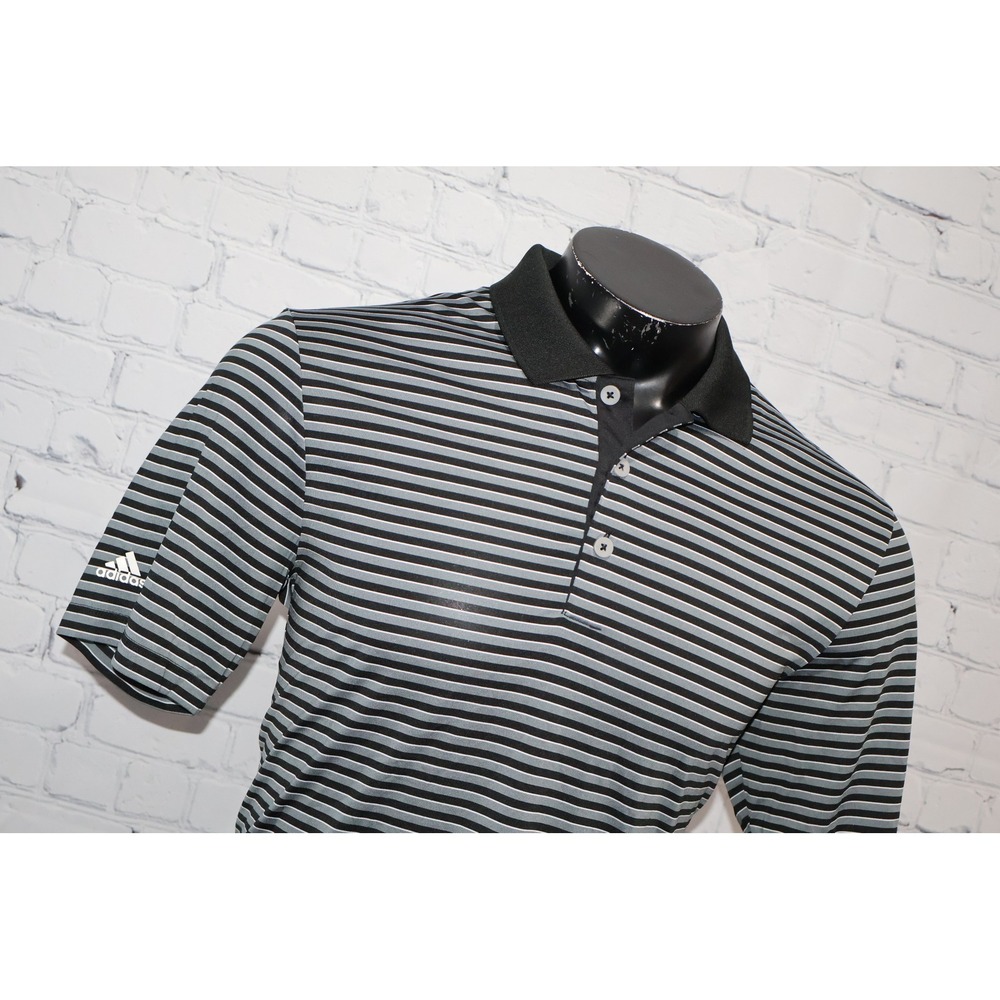 Adidas Golf Polo Men Medium Gray Black Striped Short Sleeve Performance Shirt
